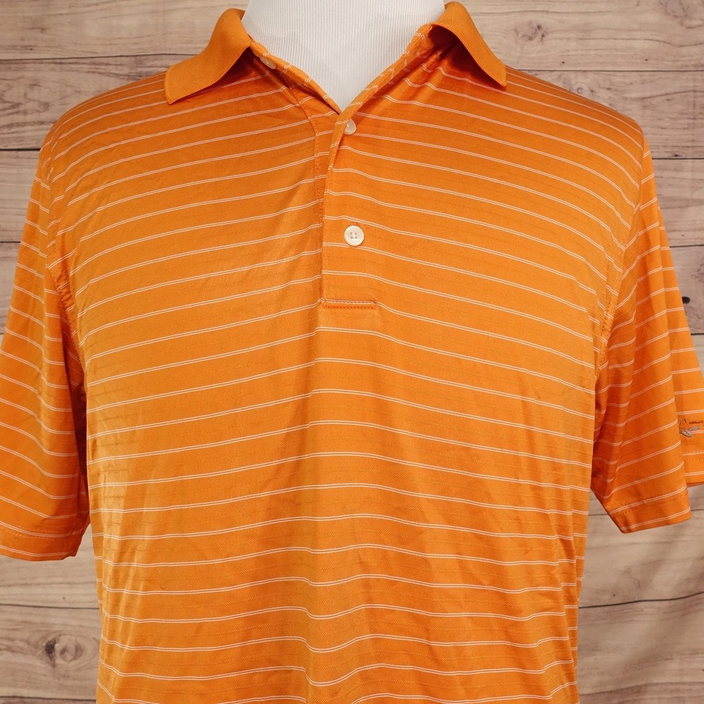 Greg Norman Play Dry Performance Polo Shirt Mens M Orange Striped Golf Knit
